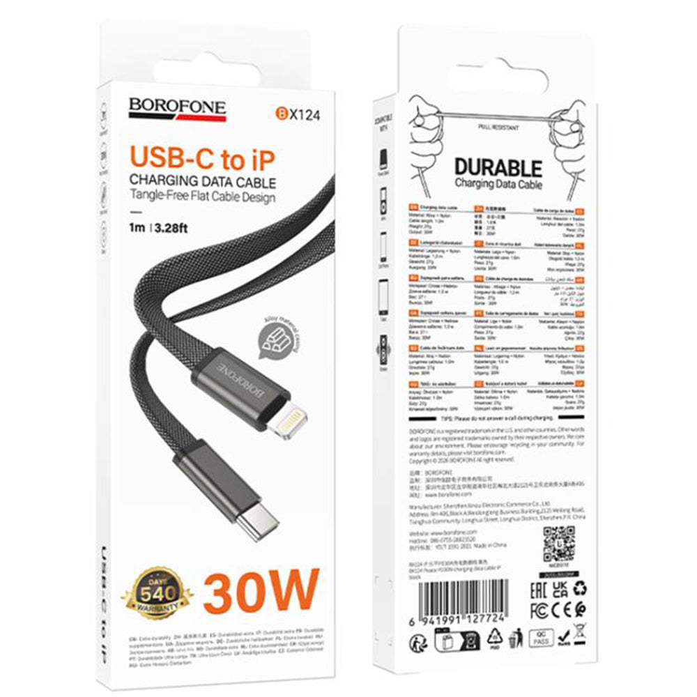USB-C adat- és töltőkábel - USB-C Borofone BX124 Peace, 30W, 1m, fekete