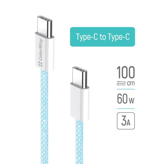 USB-C adat- és töltőkábel - USB-C ColorWay CW-CBPDCC061, 60W, 1m, Kék