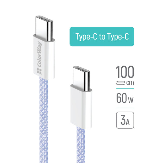 USB-C - USB-C adat- és töltőkábel ColorWay CW-CBPDCC061, 60W, 1m, Lila