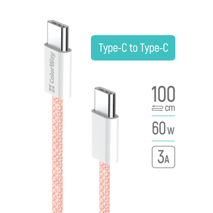 USB-C - USB-C adat- és töltőkábel ColorWay CW-CBPDCC061, 60W, 1m, Rózsaszín
