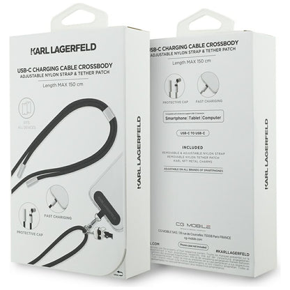 USB-C - USB-C adat- és töltőkábel Karl Lagerfeld Ikonik Charm, 100W, 1,5m, Fekete
