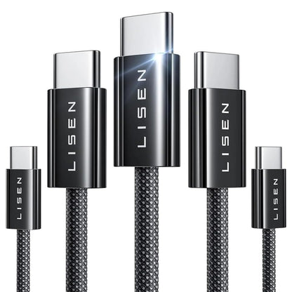 USB-C - USB-C Lisen adat- és töltőkábel, 60W, 5 darabos készlet (2 x 1m, 2 x 2m, 1 x 3m), Fekete YL0123070010