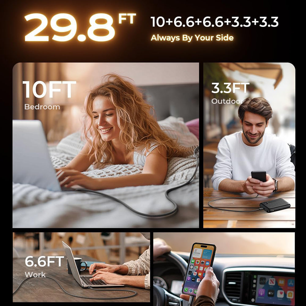 USB-C - USB-C Lisen adat- és töltőkábel, 60W, 5 darabos készlet (2 x 1m, 2 x 2m, 1 x 3m), Fekete YL0123070010