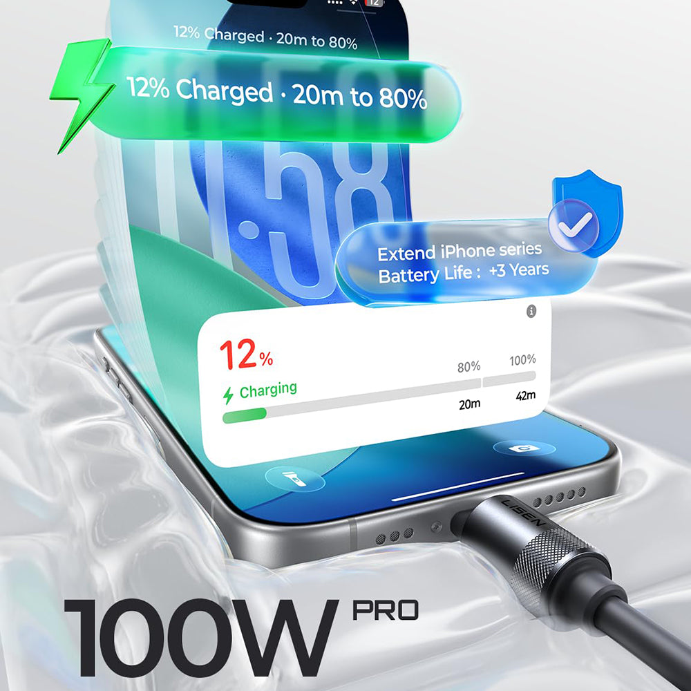 USB-C - USB-C Lisen L115 adat- és töltőkábel, 100W, 3m, Fekete YL0125040001