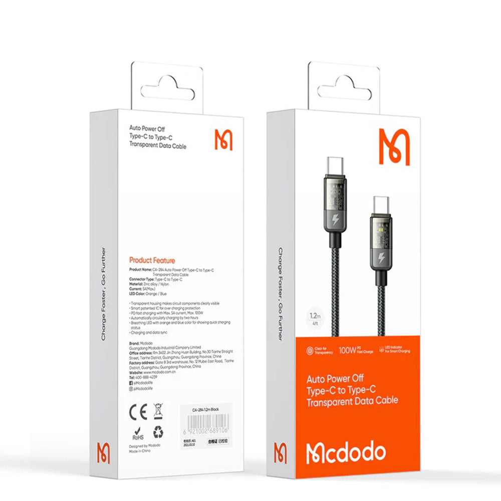 USB-C - USB-C McDodo CA-2840 Auto Power Off adat- és töltőkábel, 100W, 1.2m, Fekete