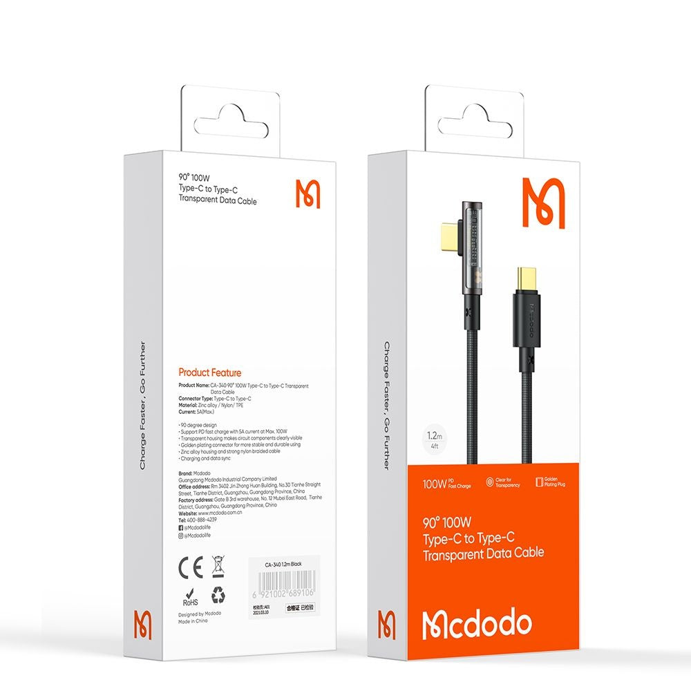 USB-C - USB-C McDodo CA-3400 Angled adat- és töltőkábel, 100W, 1.2m, Fekete