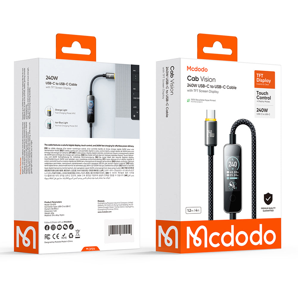 USB-C adat- és töltőkábel - USB-C McDodo CA-8750 kijelző, 240W, 1,2m, fekete