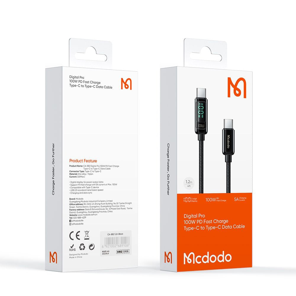 USB-C - USB-C McDodo CA-8820 Display adat- és töltőkábel, 100W, 1.2m, Fekete