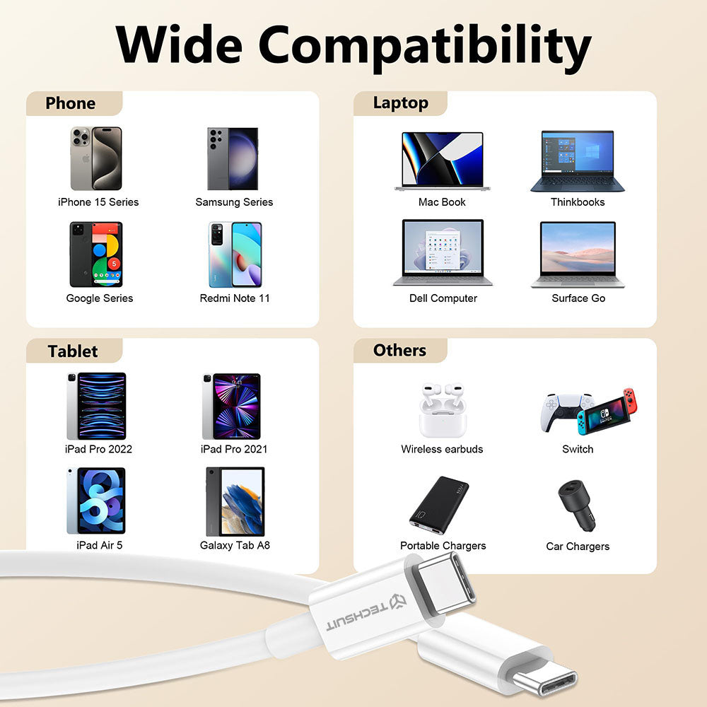 USB-C adat- és töltőkábel - USB-C Techsuit PCB130, 60W, 1m, Fehér