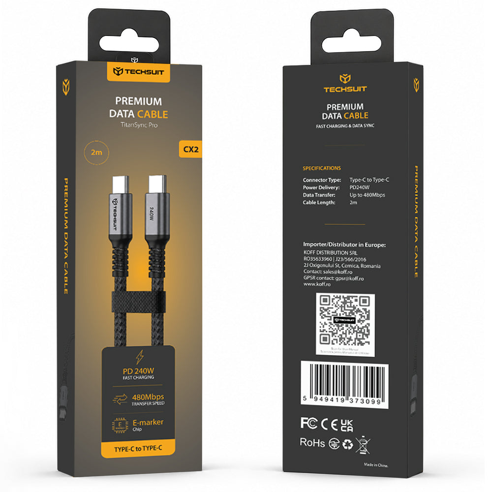 USB-C adat- és töltőkábel - USB-C Techsuit TitanSync Pro CX2, 240W, 2m, szürke