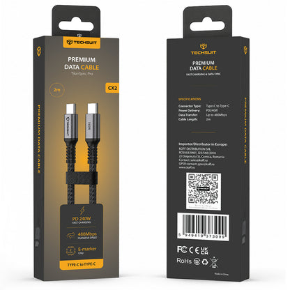 USB-C adat- és töltőkábel - USB-C Techsuit TitanSync Pro CX2, 240W, 2m, szürke