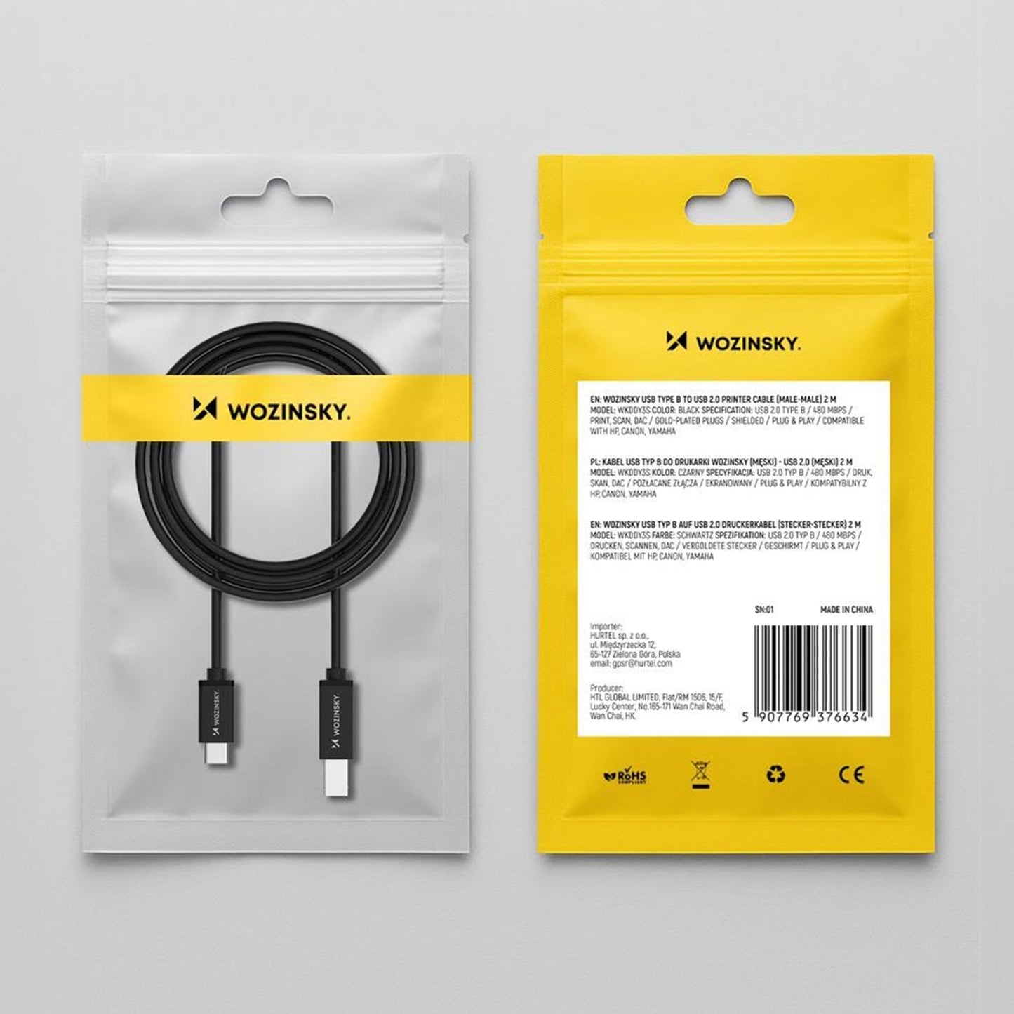 WZK WKDDY2S Nyomtatókábel, USB-C - USB-B, 2m, Fekete