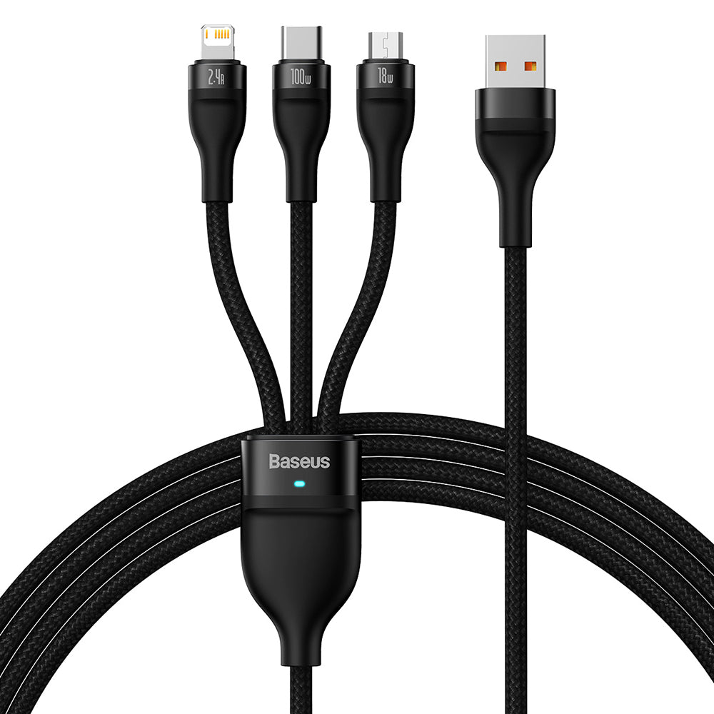 USB-A - Lightning / microUSB / USB-C Baseus Flash Series II 3in1 töltőkábel, 100W, 1.2m, Fekete CASS030001