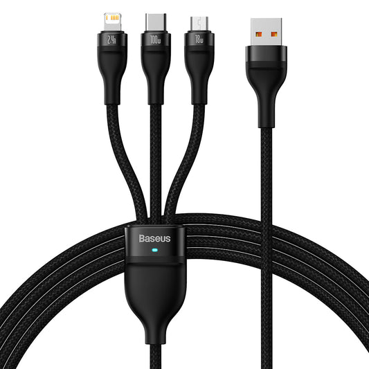 USB-A - Lightning / microUSB / USB-C Baseus Flash Series II 3in1 töltőkábel, 100W, 1.2m, Fekete CASS030001