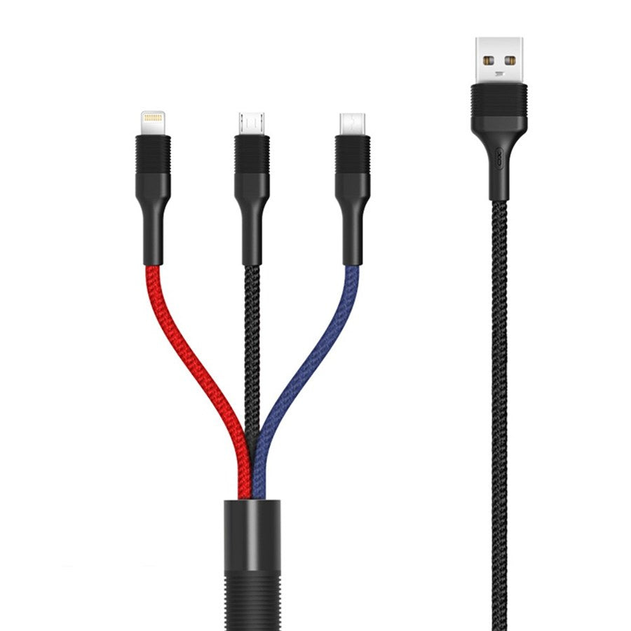 USB-A - Lightning / microUSB / USB-C töltőkábel XO Design NB54, 18W, 1.2m, Többszínű