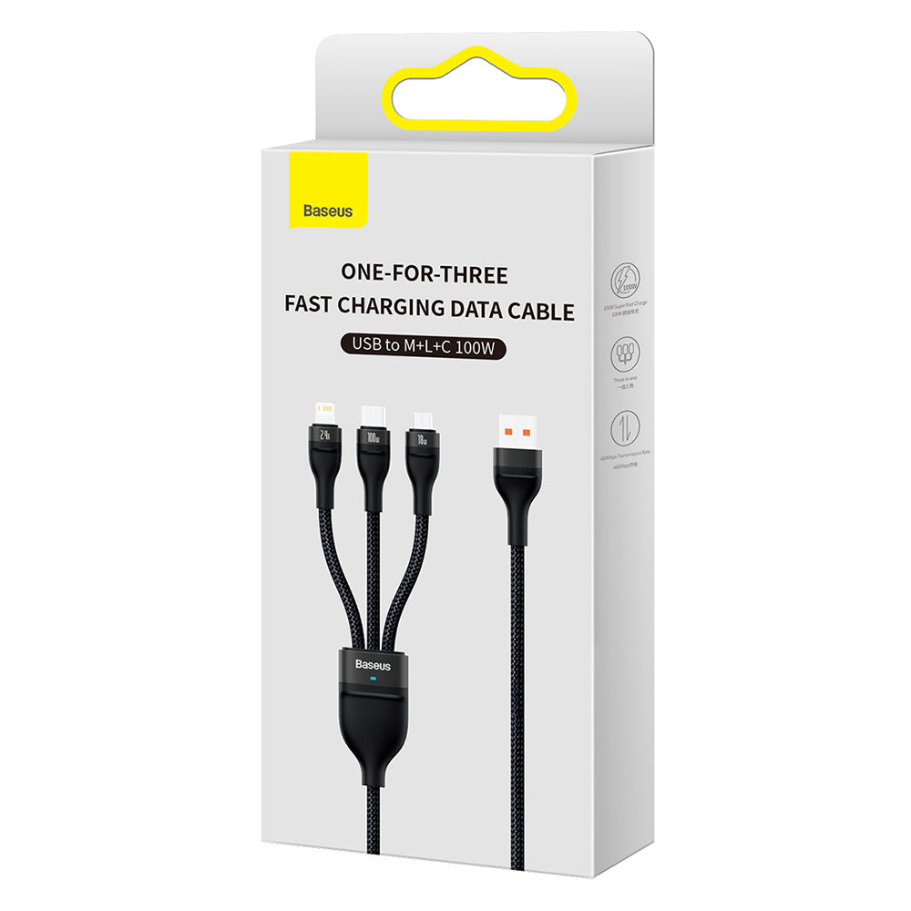 USB-A - Lightning / microUSB / USB-C Baseus Flash Series II 3in1 töltőkábel, 100W, 1.2m, Fekete CASS030001