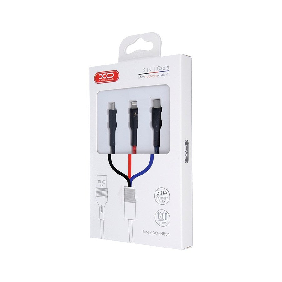 USB-A - Lightning / microUSB / USB-C töltőkábel XO Design NB54, 18W, 1.2m, Többszínű