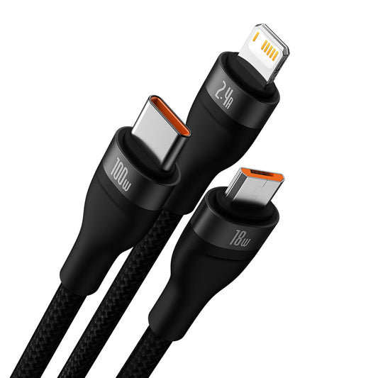 USB-A - Lightning / microUSB / USB-C Baseus Flash Series II 3in1 töltőkábel, 100W, 1.2m, Fekete CASS030001