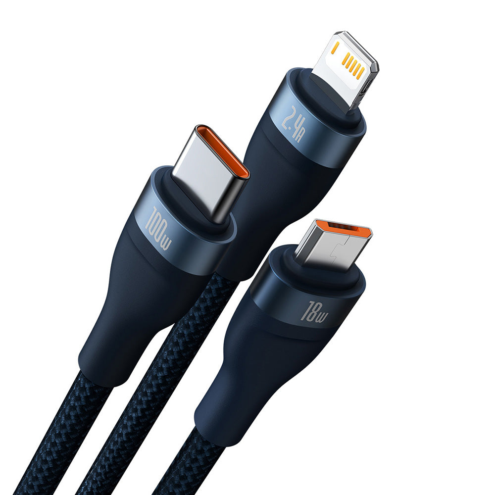 USB-A - Lightning / microUSB / USB-C Baseus Flash Series II 3in1 töltőkábel, 66W, 1.2m, Kék CASS040003