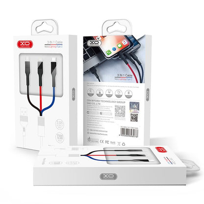 USB-A - Lightning / microUSB / USB-C töltőkábel XO Design NB54, 18W, 1.2m, Többszínű