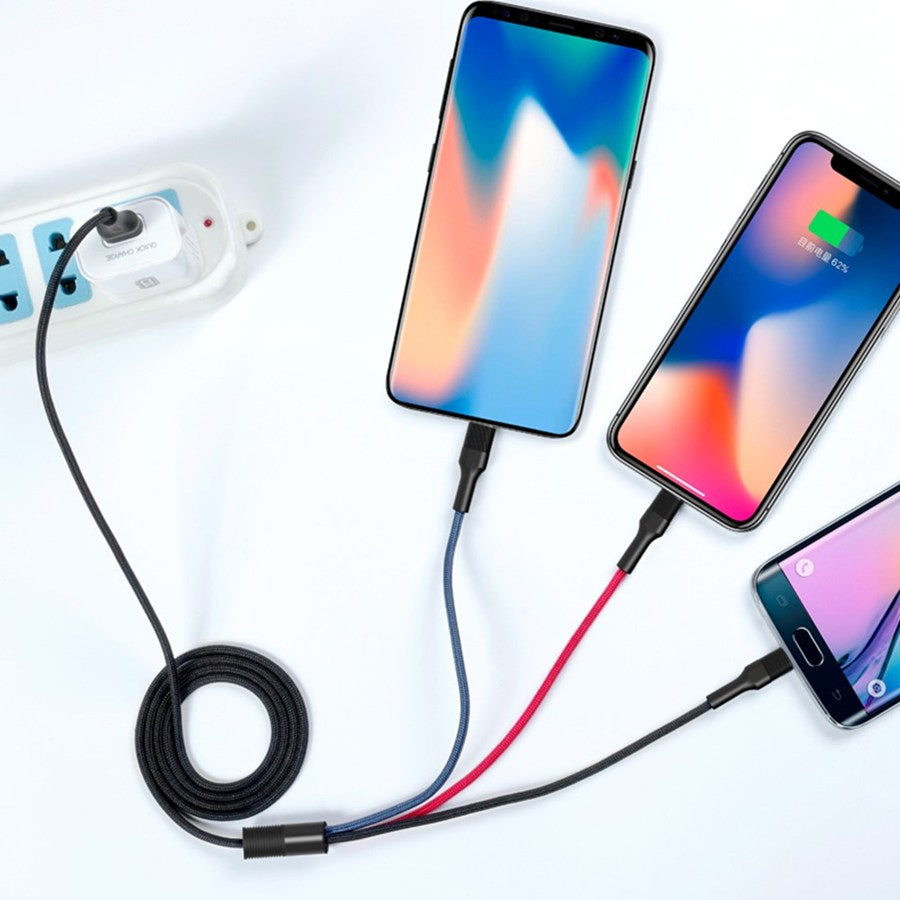 USB-A - Lightning / microUSB / USB-C töltőkábel XO Design NB54, 18W, 1.2m, Többszínű