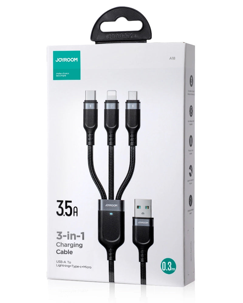 USB-A - Lightning / microUSB / USB-C Joyroom S-A18 3in1 töltőkábel, 20W, 0.3m, Fekete