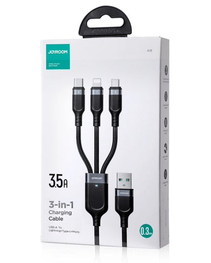 USB-A - Lightning / microUSB / USB-C Joyroom S-A18 3in1 töltőkábel, 20W, 0.3m, Fekete