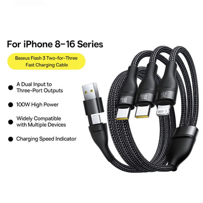 USB-A / USB-C - Lightning / 2 x USB-C Baseus Flash Series III 3in1 töltőkábel, 100W, 1.5m, Fekete P10377800U01-00