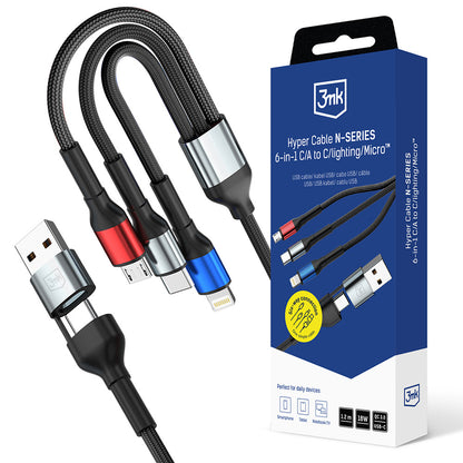 USB-A / USB-C - Lightning / microUSB / USB-C 3MK Hyper N töltőkábel, 18W, 1.2m, Fekete