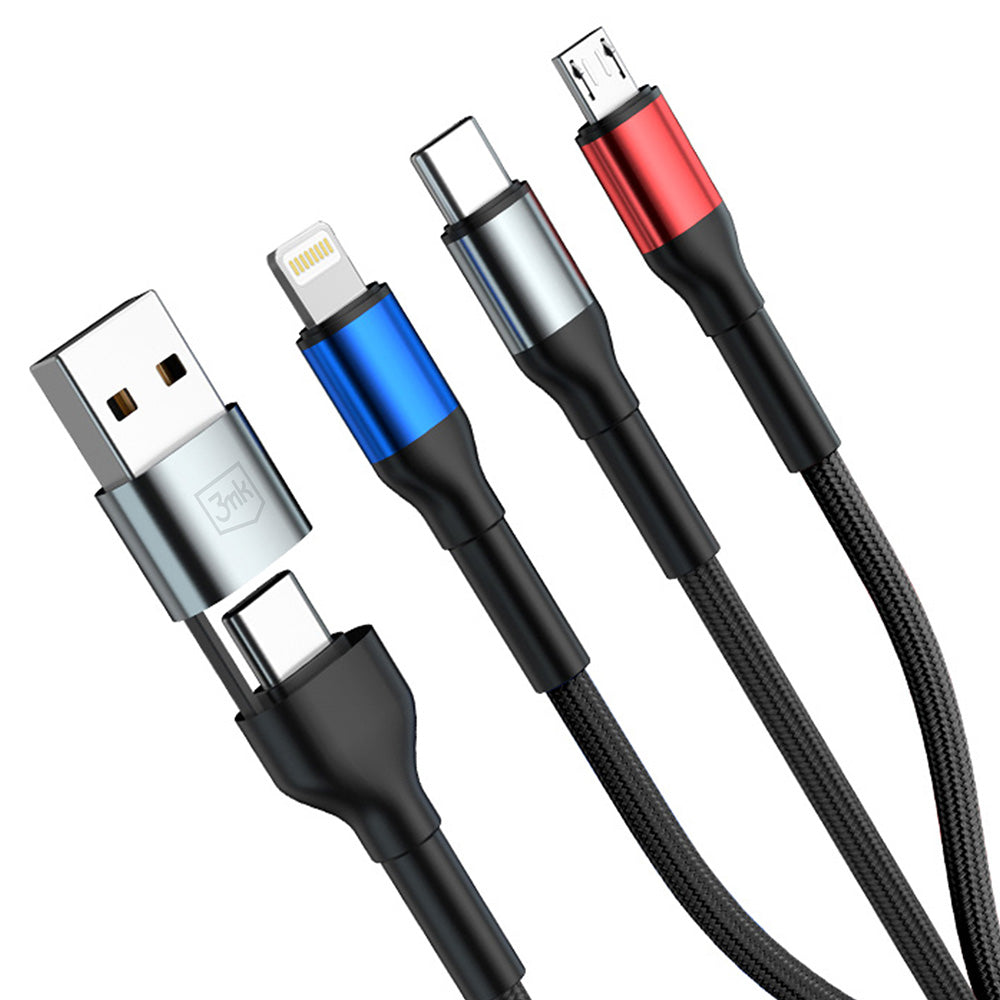 USB-A / USB-C - Lightning / microUSB / USB-C 3MK Hyper N töltőkábel, 18W, 1.2m, Fekete