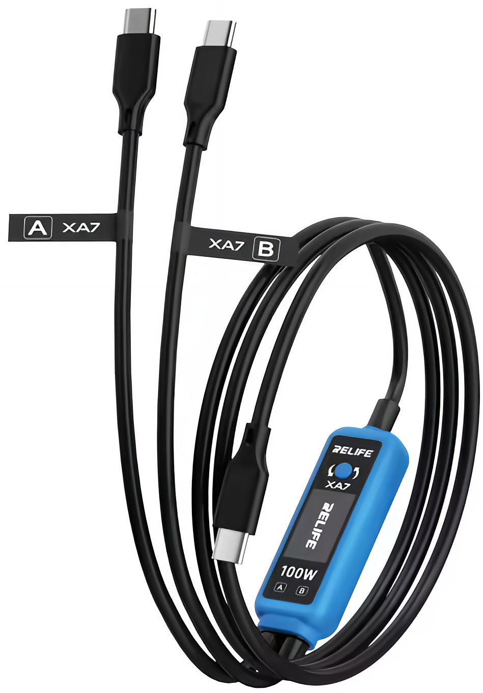 USB-C Töltőkábel - 2 x USB-C Relife XA7 Kijelző, 100W, 1,33m, Fekete