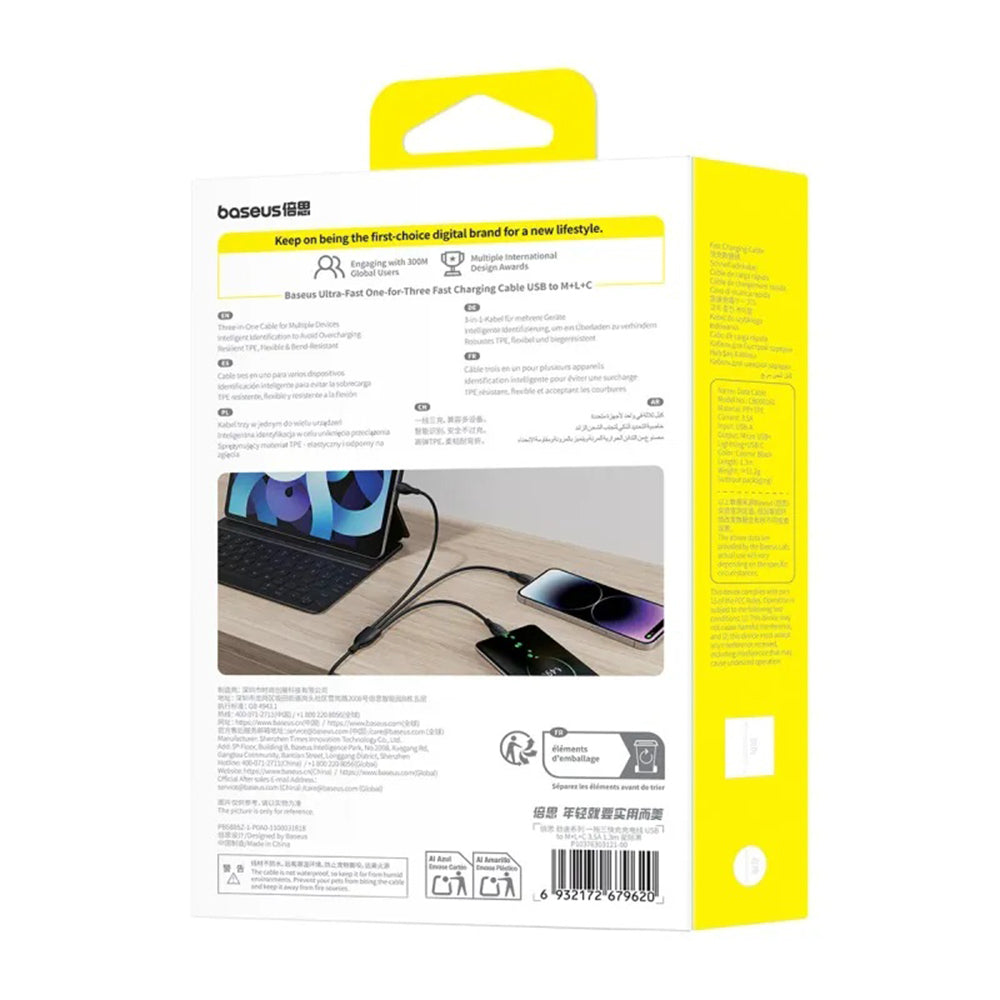 USB-C - Lightning / microUSB / USB-C Baseus Ultra Fast 3in1 töltőkábel, 20W, 0.8m, Fekete P10377501111-00