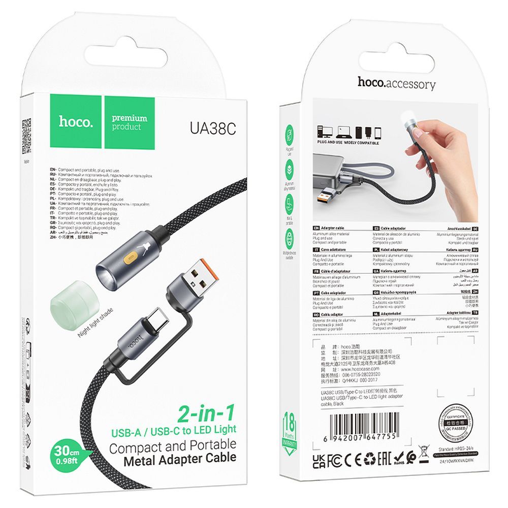 HOCO UA38C Led kábel, USB-C / USB-A, 0,3m, Fekete