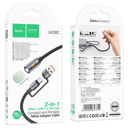 HOCO UA38C Led kábel, USB-C / USB-A, 0,3m, Fekete