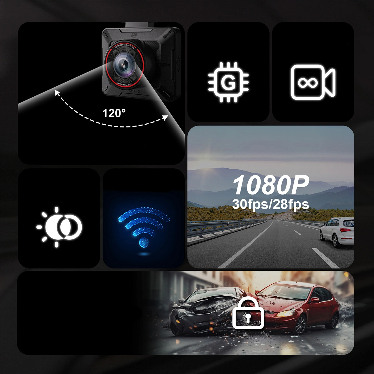 Akeeyo P1 autós kamera, 1080P, Wi-Fi