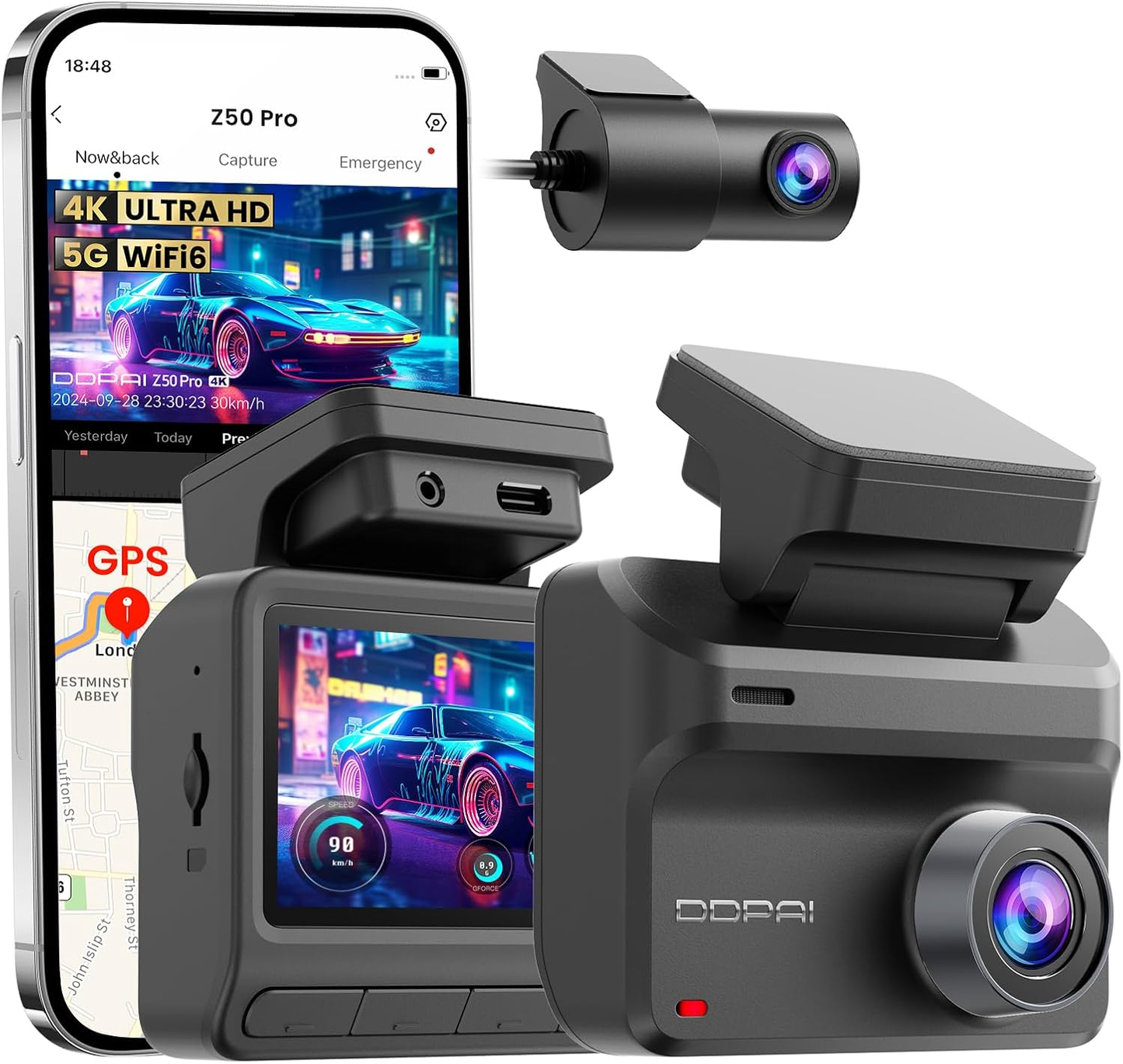 DDPAI Z50 Pro Dual Első és Hátsó Autós Kamera, 4K, Wi-Fi, GPS, 3 hüvelykes kijelző