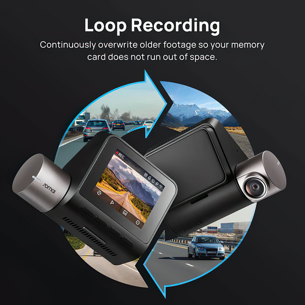 Front and Rear Car Camera 70mai Dash Cam A510, 3K, GPS, Wi-Fi, 2-inch Display