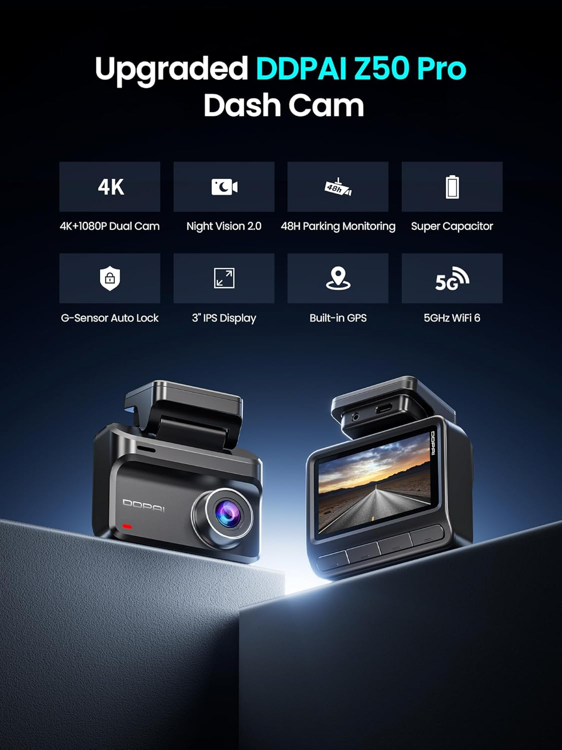 DDPAI Z50 Pro Dual Első és Hátsó Autós Kamera, 4K, Wi-Fi, GPS, 3 hüvelykes kijelző
