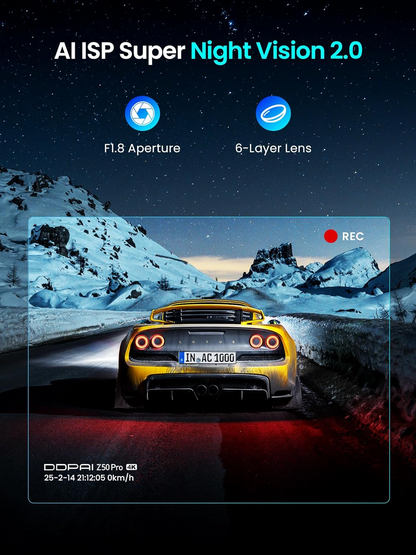 DDPAI Z50 Pro Dual Első és Hátsó Autós Kamera, 4K, Wi-Fi, GPS, 3 hüvelykes kijelző