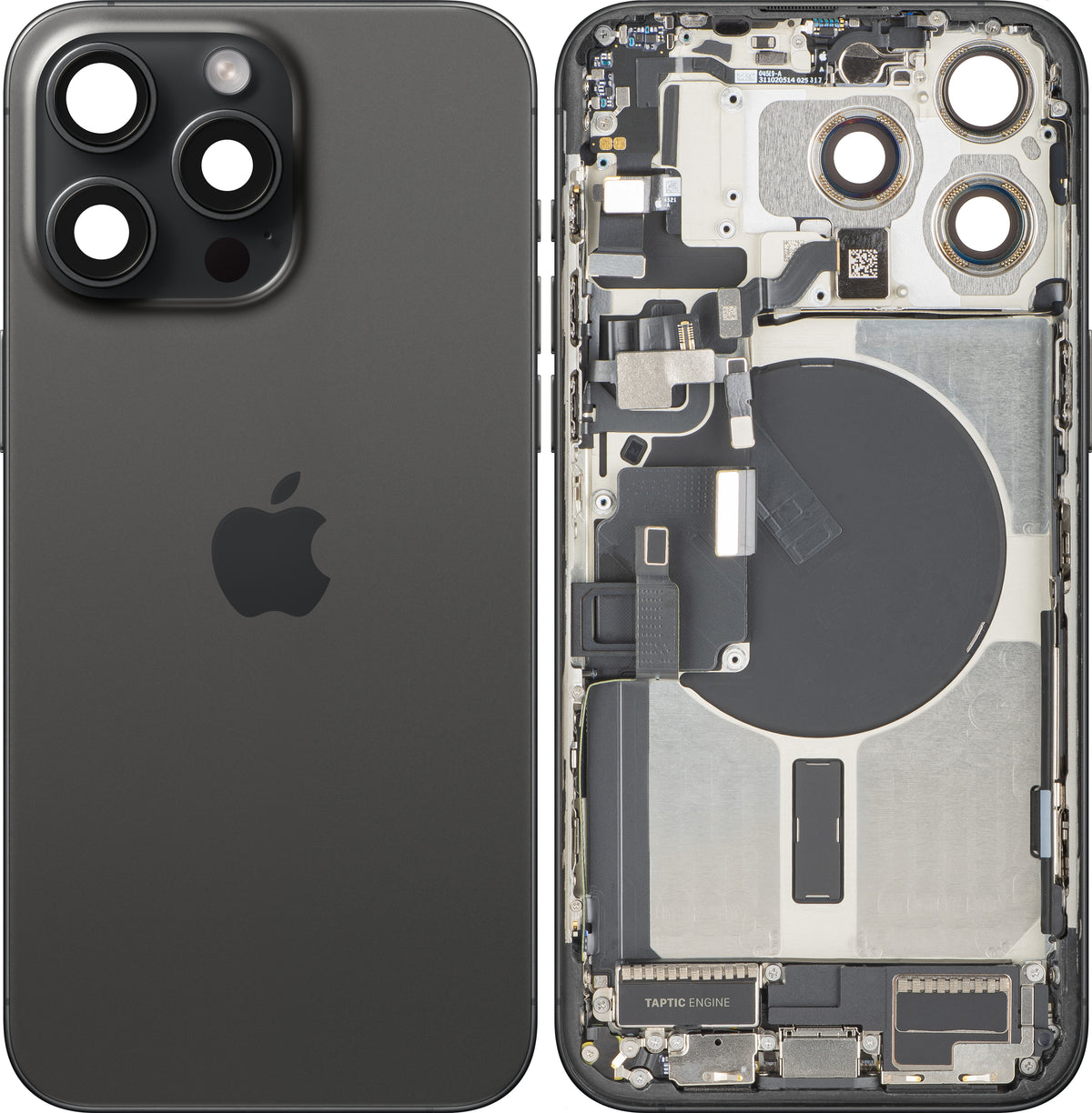 Apple iPhone 15 Pro Max akkufedél, középső házzal, teljes alkatrészek, fekete (fekete titán), prémium csere