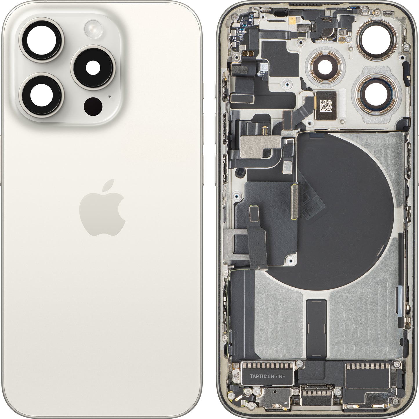 Apple iPhone 15 Pro akkumulátor fedél, középházzal, teljes alkatrészekkel, fehér (White Titanium), csere