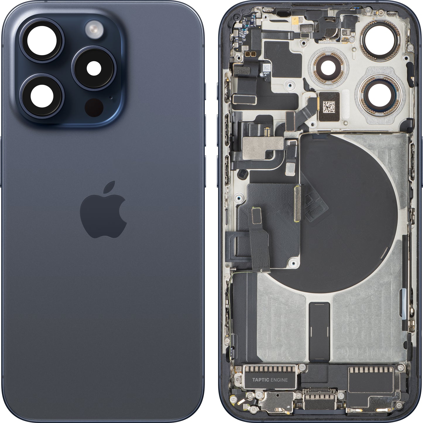 Apple iPhone 15 Pro akkumulátor fedél, középházzal, teljes alkatrészekkel, kék (Blue Titanium), csere