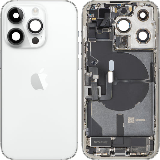 Apple iPhone 14 Pro akkumulátor fedél, középházzal, teljes alkatrészekkel, ezüst, csere