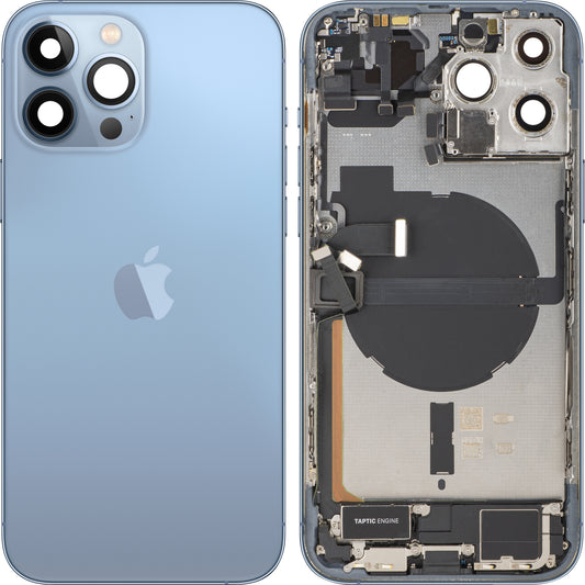 Apple iPhone 13 Pro Max akkumulátor fedél, középházzal, teljes alkatrészekkel, kék (Sierra Blue), csere