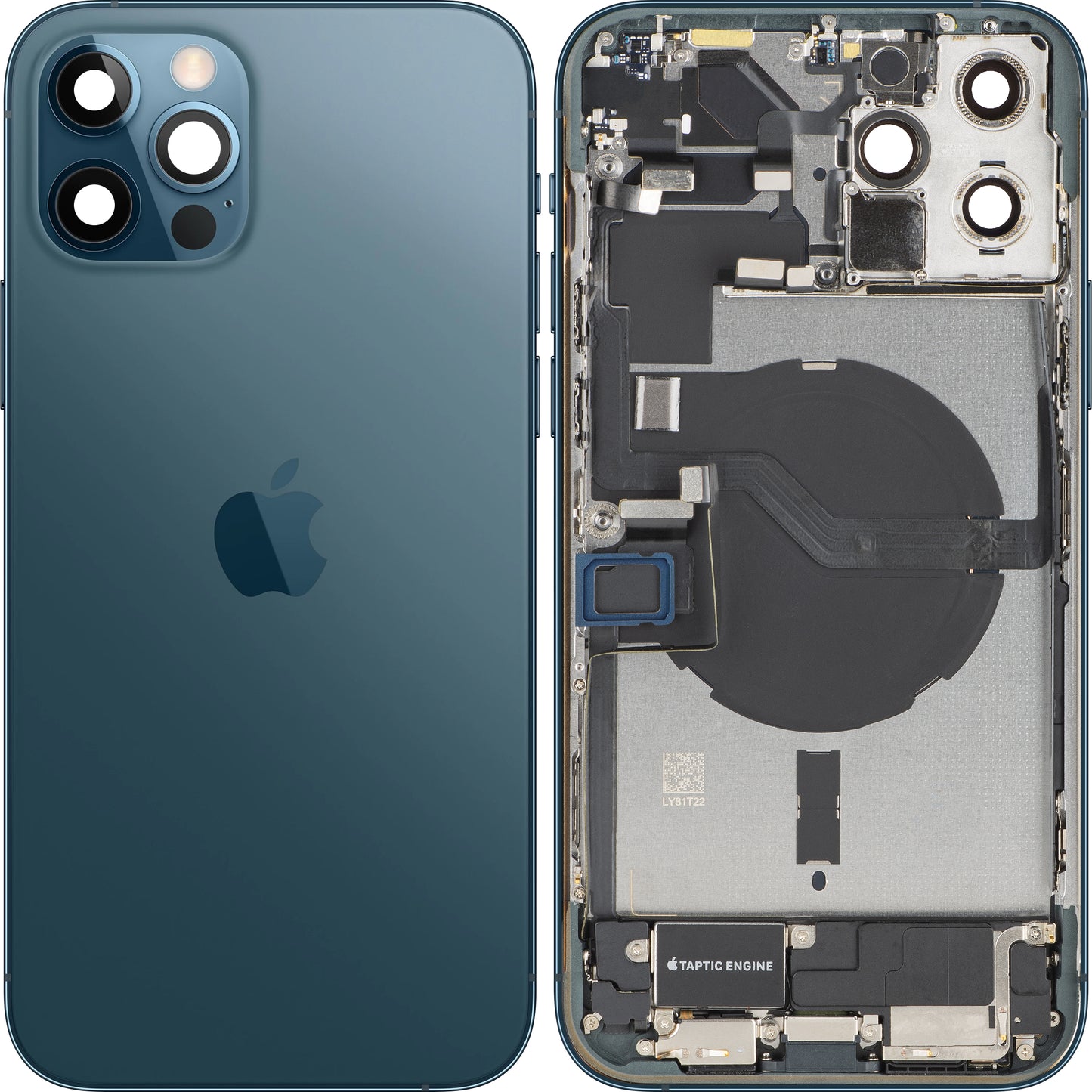 Apple iPhone 12 Pro akkumulátor fedél, középházzal, teljes alkatrészekkel, Kék (Pacific Blue), Csere