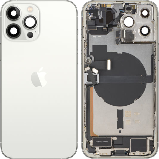 Apple iPhone 13 Pro Max akkufedél, középső házzal, teljes alkatrészek, ezüst, csere