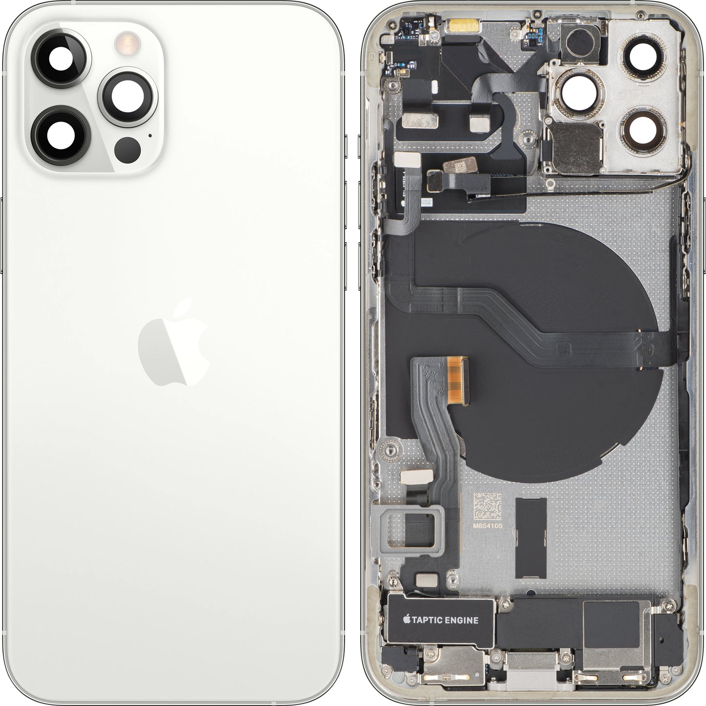 Apple iPhone 12 Pro akkufedél, középső házzal, teljes alkatrészek, ezüst, prémium csere