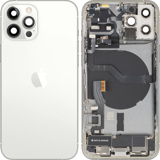 Apple iPhone 12 Pro akkufedél, középső házzal, teljes alkatrészek, ezüst, csere