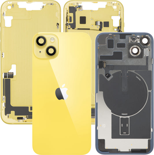 Apple iPhone 14 Plus akkufedél, középső házzal, teljes alkatrészek, sárga, prémium csere