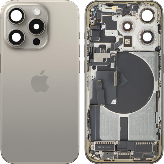 Apple iPhone 15 Pro akkumulátorfedél, középső házzal, amerikai verzió, bézs (natúr titán), cserealkatrész
